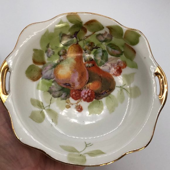 VTG GoldCastle Candy Dish/ Handles Apples Strawberries /Pear Japan Gold Set of 2 - Picture 9 of 10